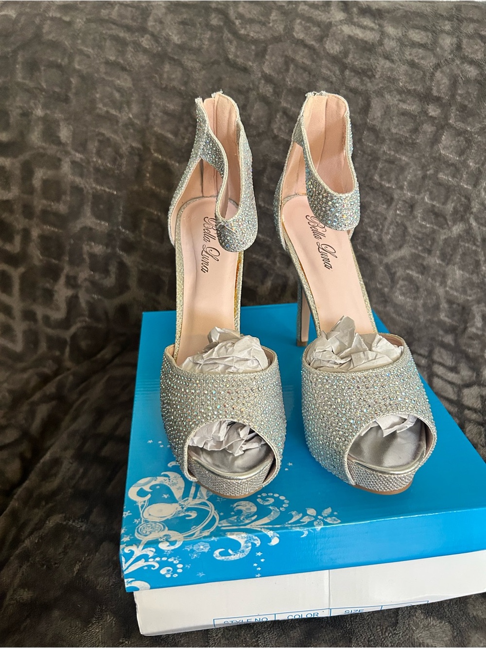 Women's Silver Crystal Peep-Toe High Heel Sandals